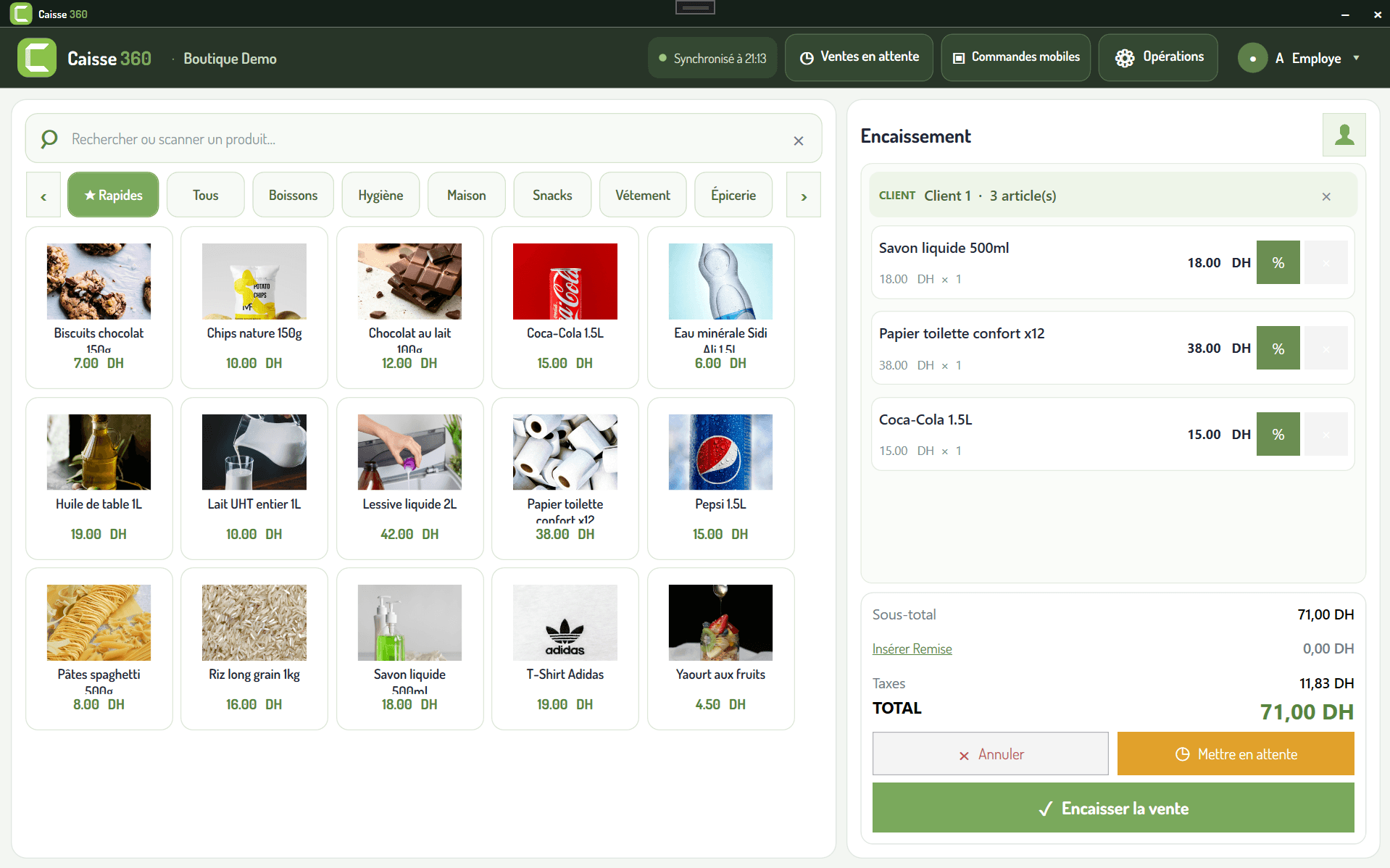 Écran de vente Caisse360 : grille de produits avec photos et prix à gauche, panier en cours et total à droite.